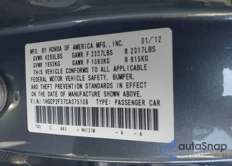 2012 Honda Accord 2.4 Lx z USA, uszkodzony, nr VIN 1HGCP2F37CA075106